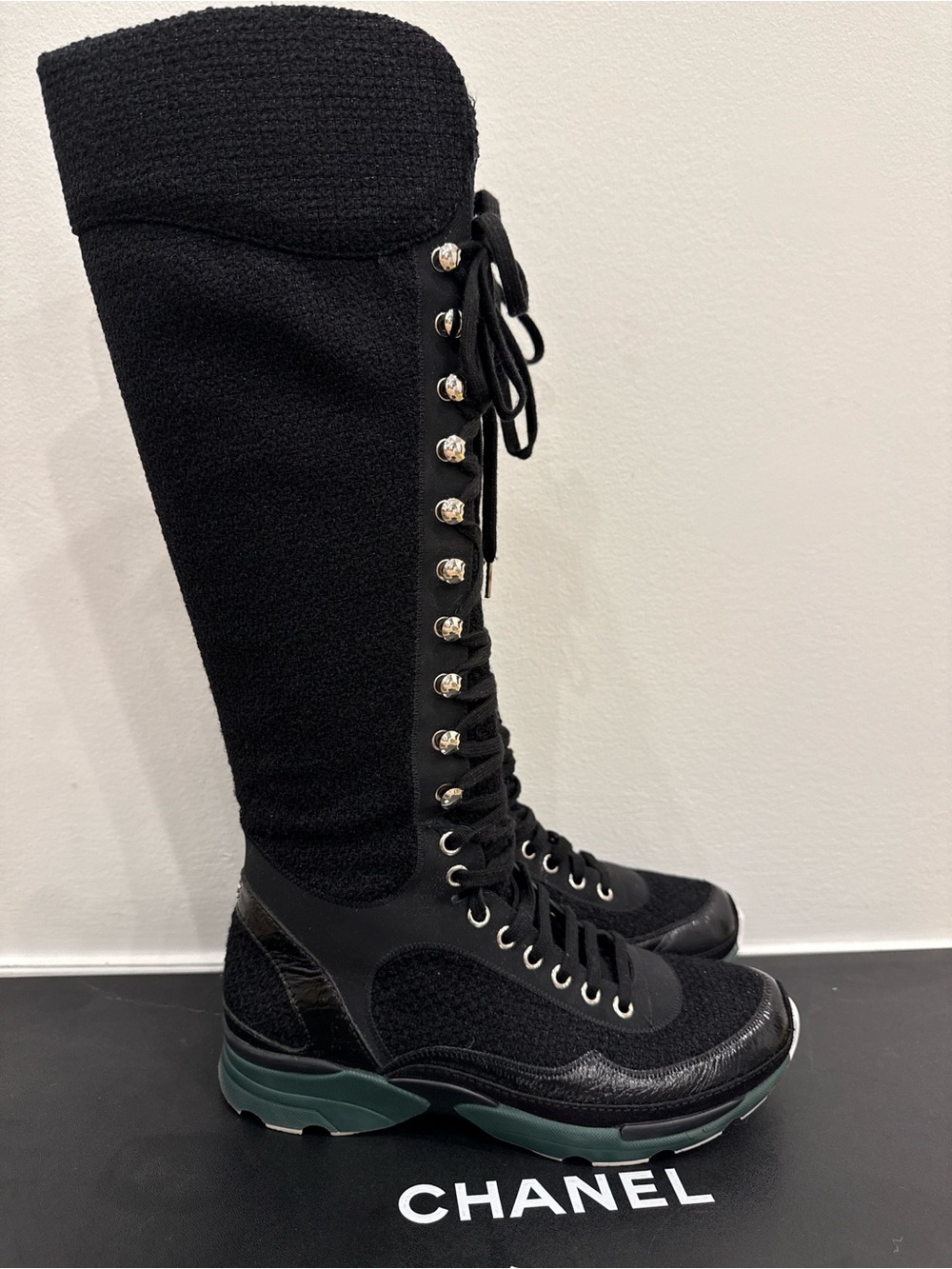 Chanel Runway Tweed Knee High Lace Up Combat Sneaker Boots 37